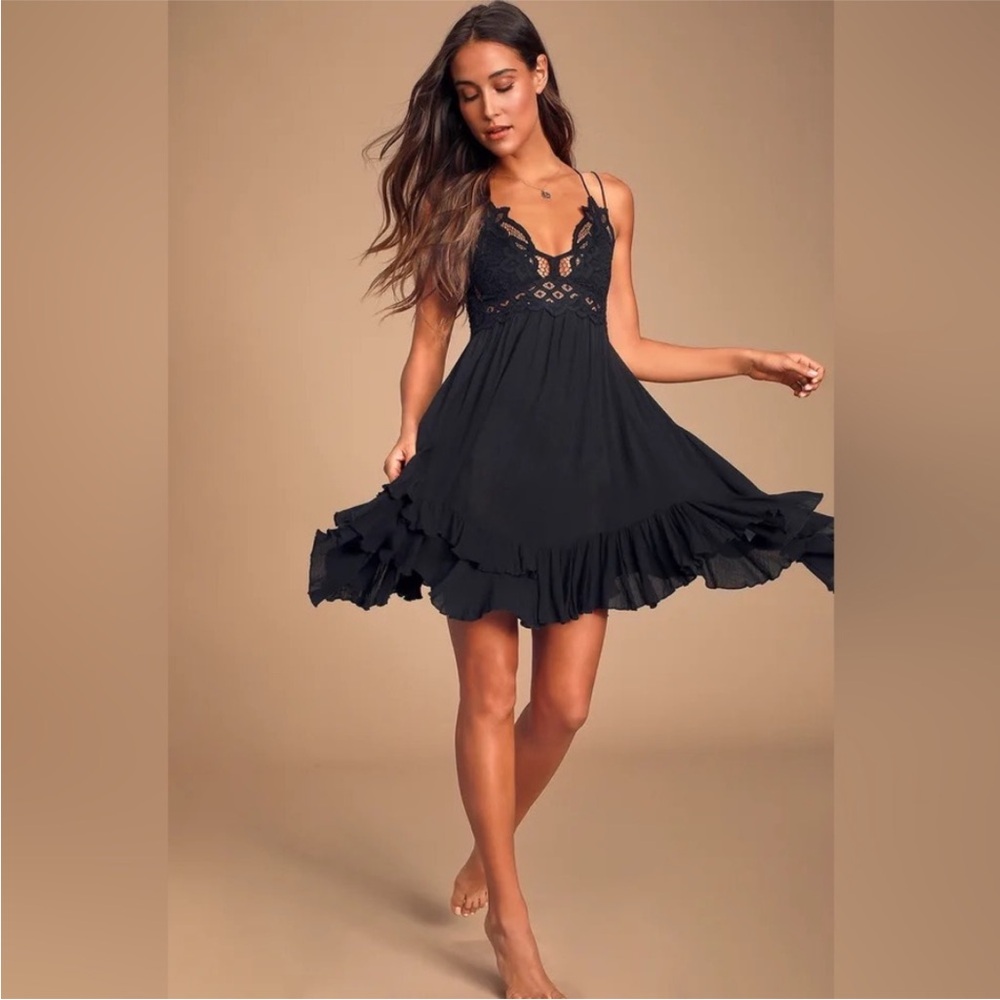 Free People Black Lace-Trim Spaghetti Strap Mini Dress